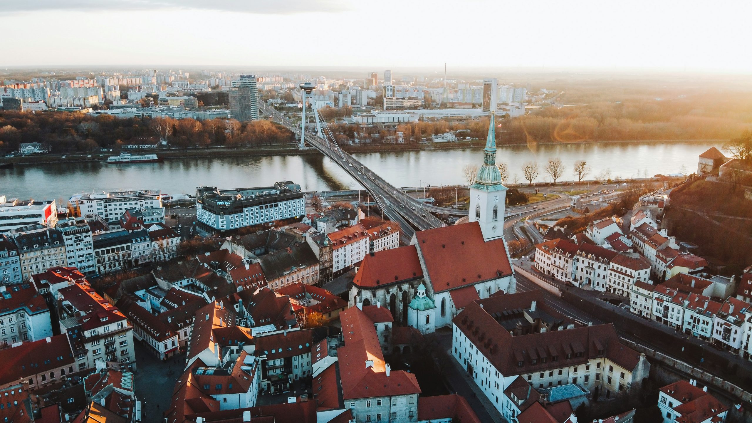 Areal photo of red roof buildings and city of Bratislava, Slovakia